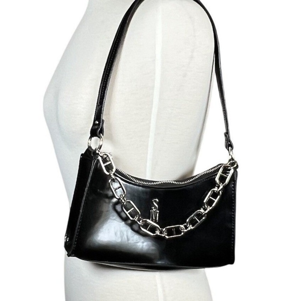 Steve Madden Black Patent Baguette Bag Y2K Silver Chain Shoulder Purse